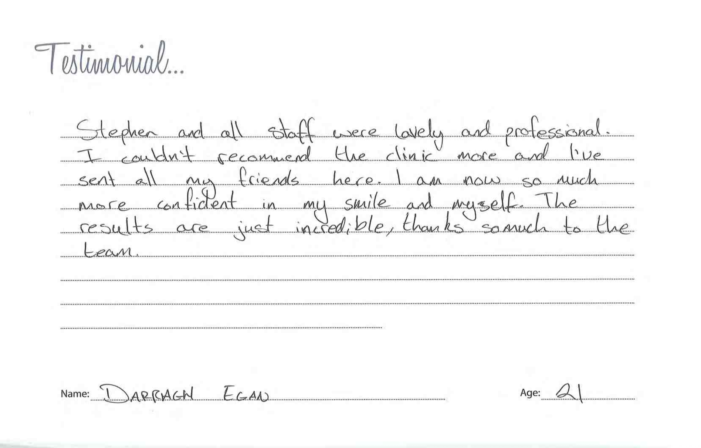 Handwritten testimonial from Darragh Egan, age 21