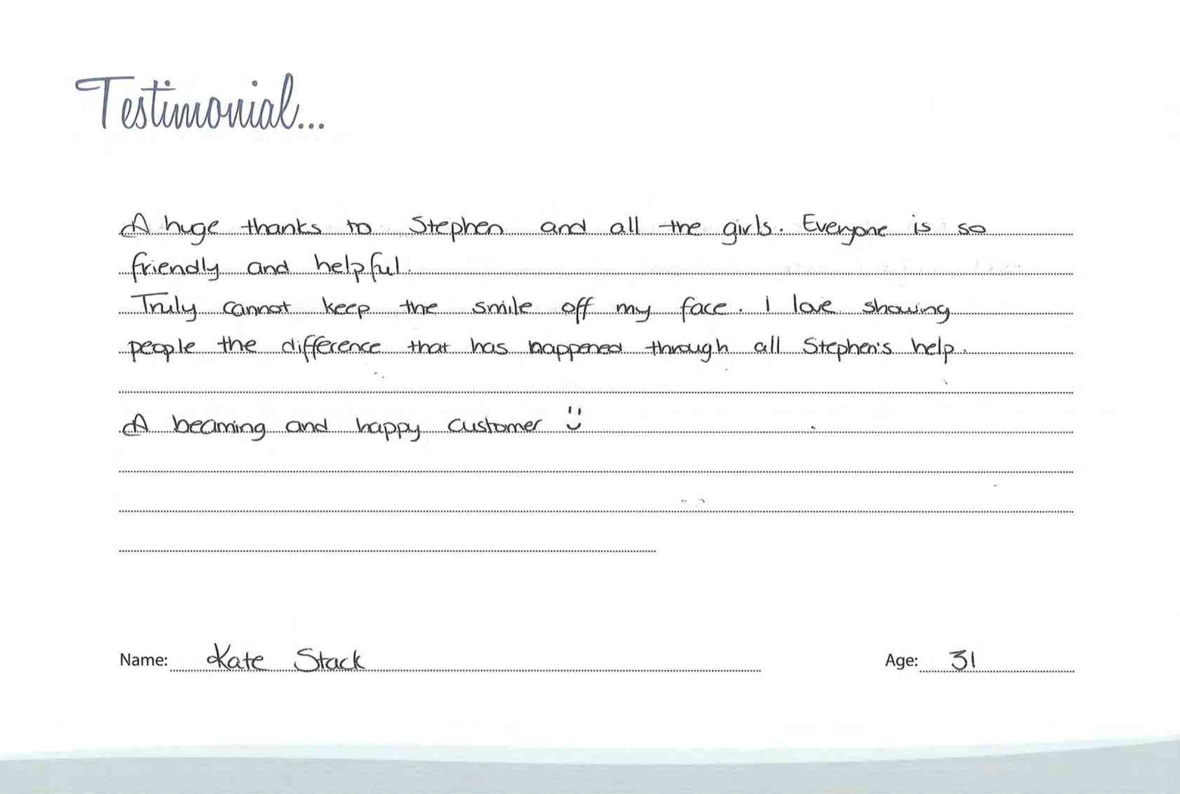 Handwritten testimonial from Kate Stack, age 31