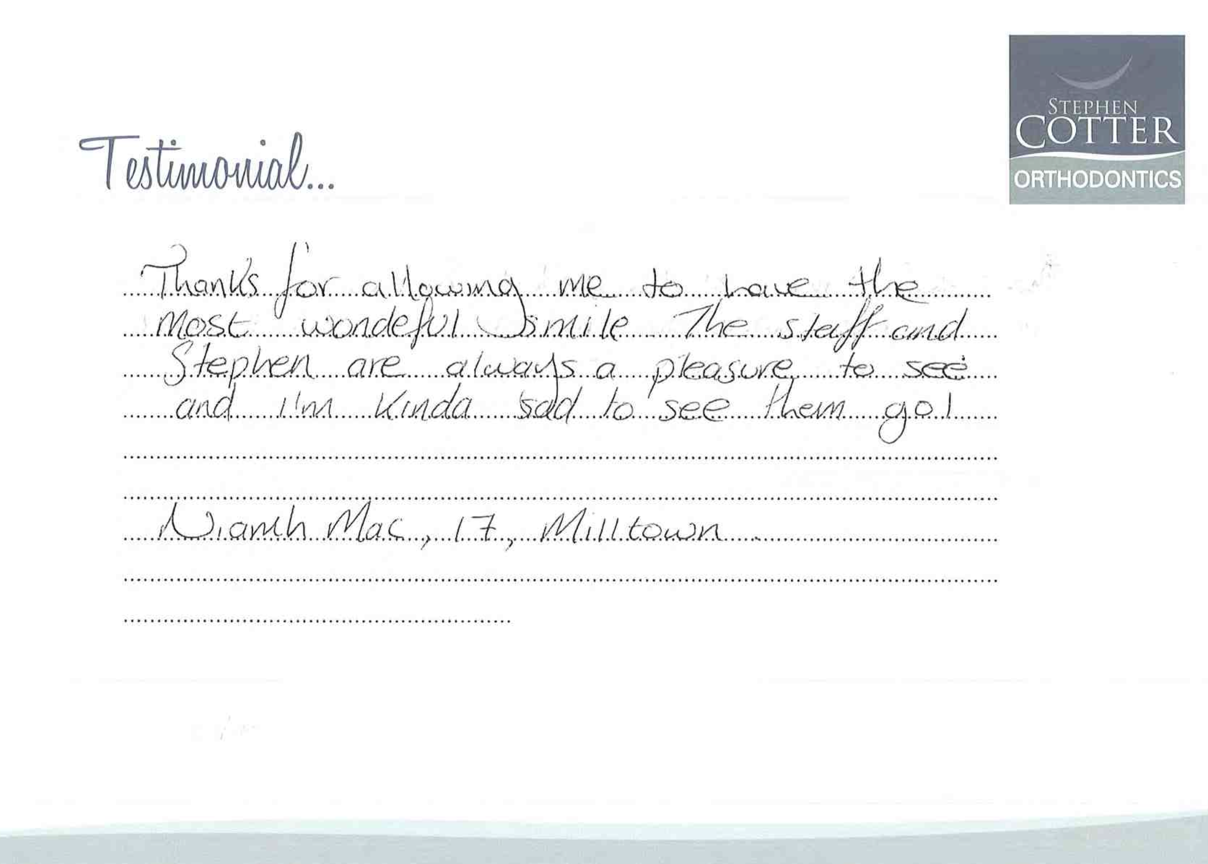 Handwritten testimonial from Niamh Mac, age 17, Milltown